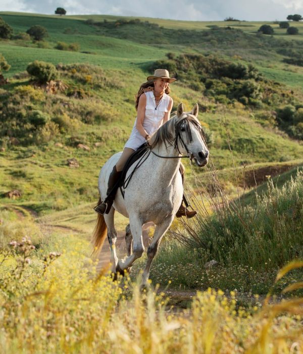 horseback rider traveling along grassy hillside trail
